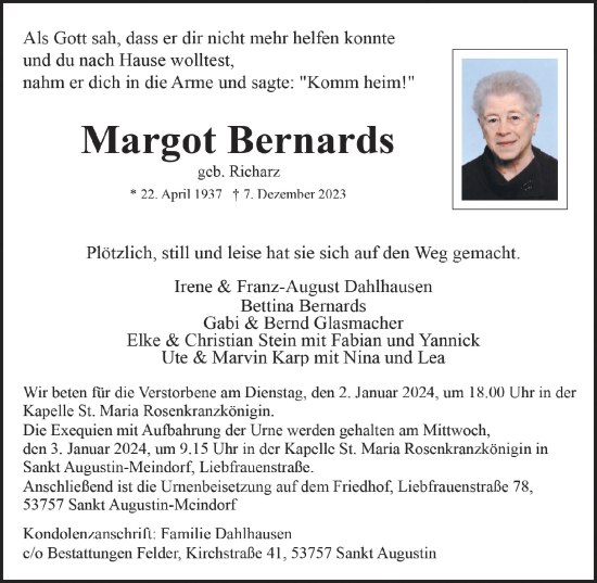 Anzeige von Margot Bernards von  Extra Blatt 