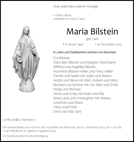 Anzeige von Maria Bilstein von Kölner Stadt-Anzeiger / Kölnische Rundschau / Express