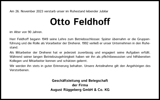 Anzeige von Otto Feldhoff von Kölner Stadt-Anzeiger / Kölnische Rundschau / Express
