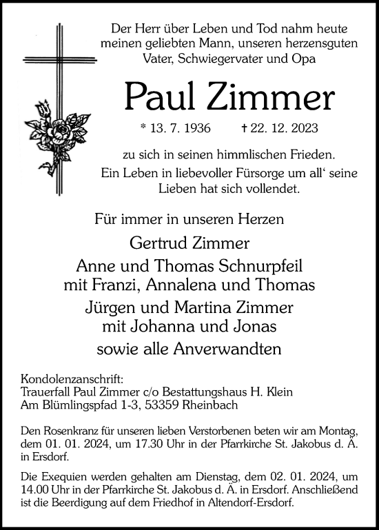 Anzeige von Paul Zimmer von Kölner Stadt-Anzeiger / Kölnische Rundschau / Express