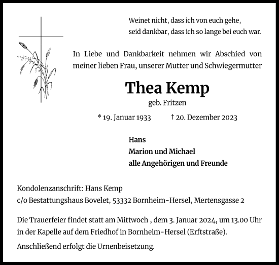 Anzeige von Thea Kemp von Kölner Stadt-Anzeiger / Kölnische Rundschau / Express