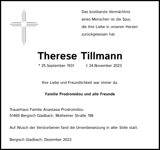 Anzeige von Therese Tillmann von Kölner Stadt-Anzeiger / Kölnische Rundschau / Express
