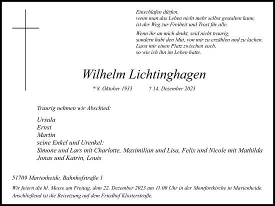 Anzeige von Wilhelm Lichtinghagen von Kölner Stadt-Anzeiger / Kölnische Rundschau / Express
