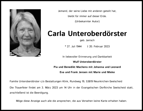 Anzeige von Carla Unteroberdörster von Kölner Stadt-Anzeiger / Kölnische Rundschau / Express