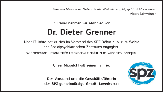 Anzeige von Dieter Grenner von Kölner Stadt-Anzeiger / Kölnische Rundschau / Express