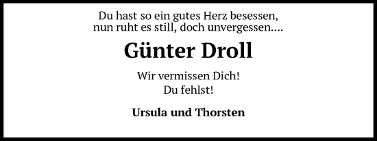Anzeige von Günter Droll von Kölner Stadt-Anzeiger / Kölnische Rundschau / Express