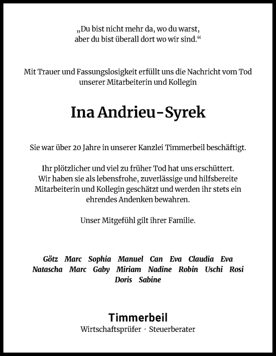 Anzeige von Ina Andrieu-Syrek von Kölner Stadt-Anzeiger / Kölnische Rundschau / Express