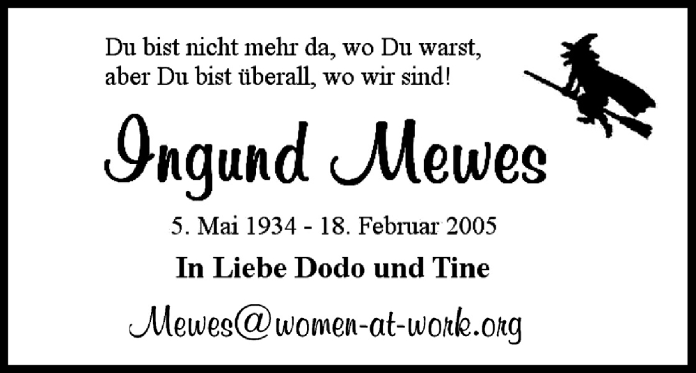  Traueranzeige für Ingund Mewes vom 18.02.2023 aus Kölner Stadt-Anzeiger / Kölnische Rundschau / Express