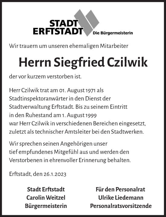 Anzeige von Siegfried Czilwik von  Wochenende  Werbepost 