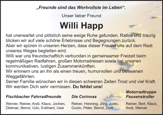 Anzeige von Willi Happ von Kölner Stadt-Anzeiger / Kölnische Rundschau / Express