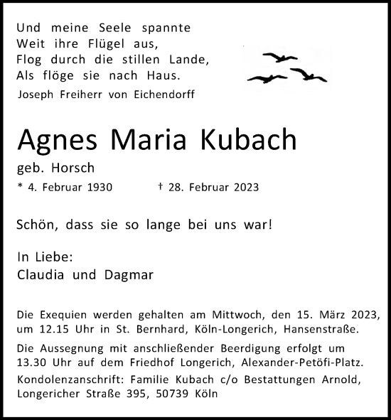 Anzeige von Agnes Maria Kubach von Kölner Stadt-Anzeiger / Kölnische Rundschau / Express