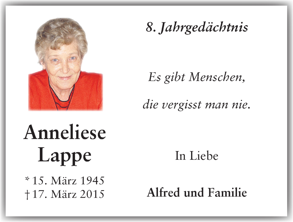  Traueranzeige für Anneliese Lappe vom 11.03.2023 aus  Blickpunkt Euskirchen 
