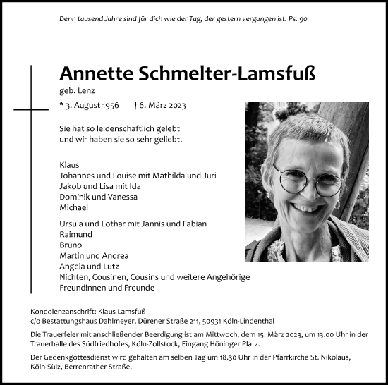 Anzeige von Annette Schmelter-Lamsfuß von Kölner Stadt-Anzeiger / Kölnische Rundschau / Express