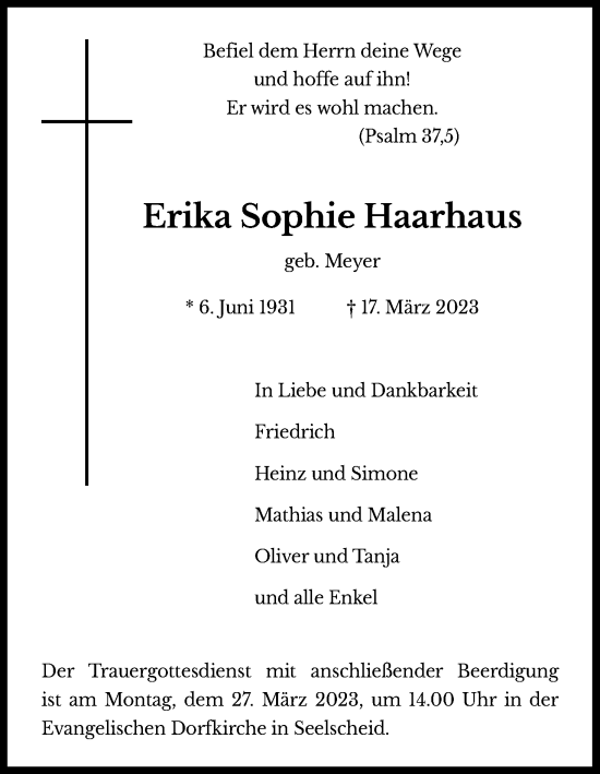 Anzeige von Erika Sophie Haarhaus von Kölner Stadt-Anzeiger / Kölnische Rundschau / Express