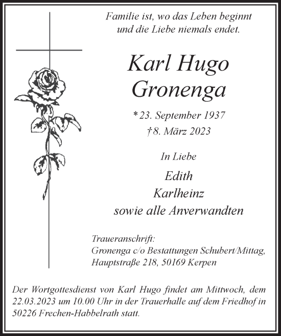 Anzeige von Karl Hugo Gronenga von  Wochenende 