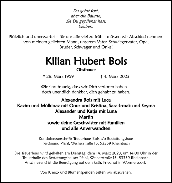 Anzeige von Kilian Hubert Bois von Kölner Stadt-Anzeiger / Kölnische Rundschau / Express