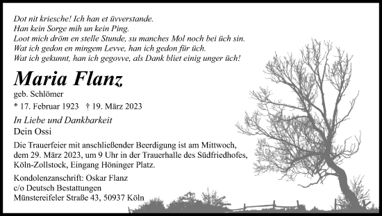 Anzeige von Maria Flanz von Kölner Stadt-Anzeiger / Kölnische Rundschau / Express