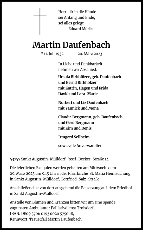 Anzeige von Martin Daufenbach von Kölner Stadt-Anzeiger / Kölnische Rundschau / Express