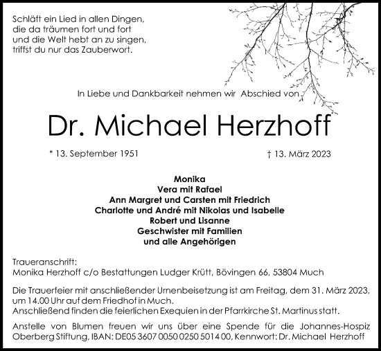 Anzeige von Michael Herzhoff von Kölner Stadt-Anzeiger / Kölnische Rundschau / Express