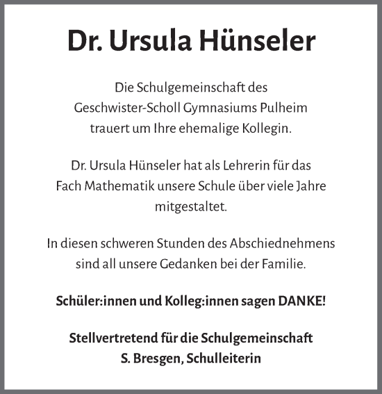 Anzeige von Ursula Hünseler von  Wochenende 