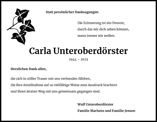 Anzeige von Carla Unteroberdörster von Kölner Stadt-Anzeiger / Kölnische Rundschau / Express
