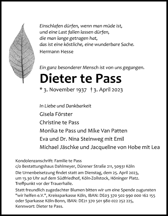 Anzeige von Dieter te Pass von Kölner Stadt-Anzeiger / Kölnische Rundschau / Express