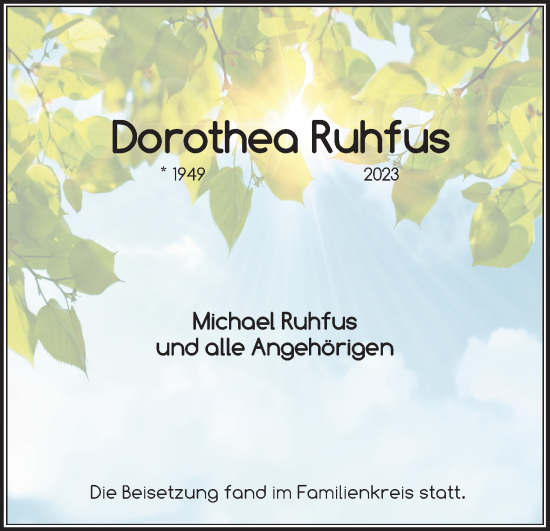 Anzeige von Dorothea Ruhfus von Kölner Stadt-Anzeiger / Kölnische Rundschau / Express