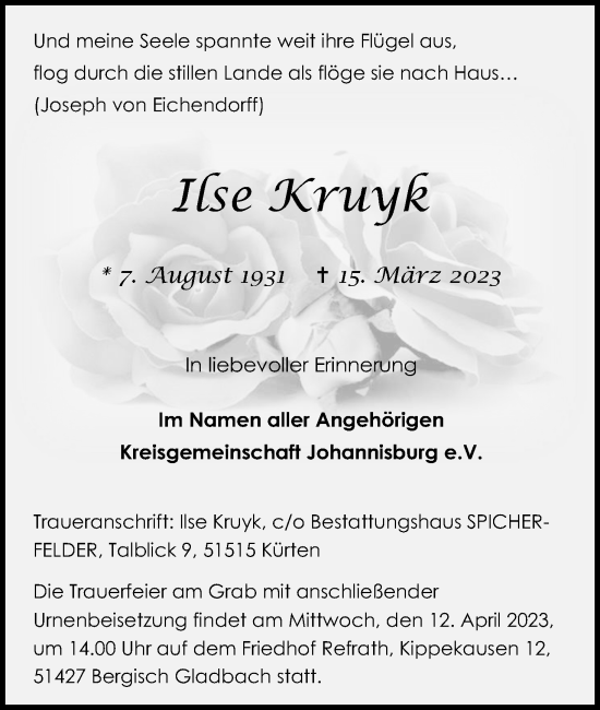 Anzeige von Ilse Kruyk von Kölner Stadt-Anzeiger / Kölnische Rundschau / Express