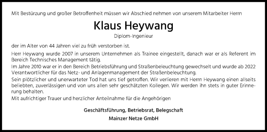 Anzeige von Klaus Heywang von Kölner Stadt-Anzeiger / Kölnische Rundschau / Express