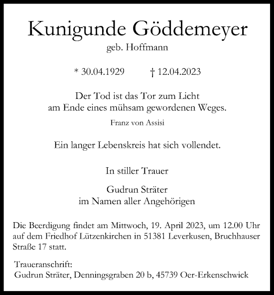 Anzeige von Kunigunde Göddemeyer von Kölner Stadt-Anzeiger / Kölnische Rundschau / Express