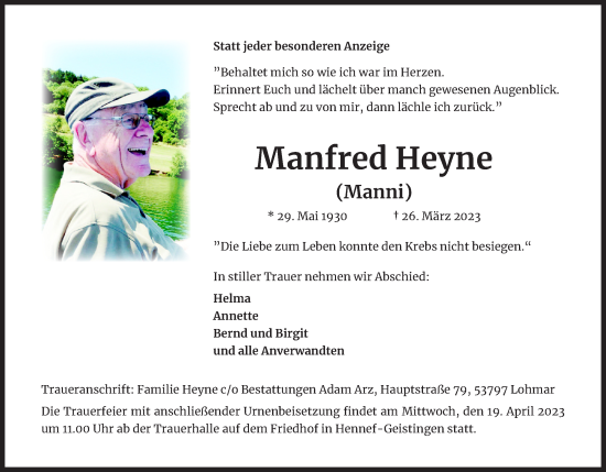 Anzeige von Manfred Heyne von Kölner Stadt-Anzeiger / Kölnische Rundschau / Express