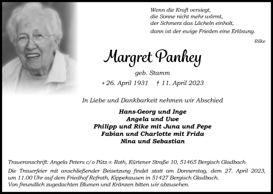 Anzeige von Margret Panhey von Kölner Stadt-Anzeiger / Kölnische Rundschau / Express