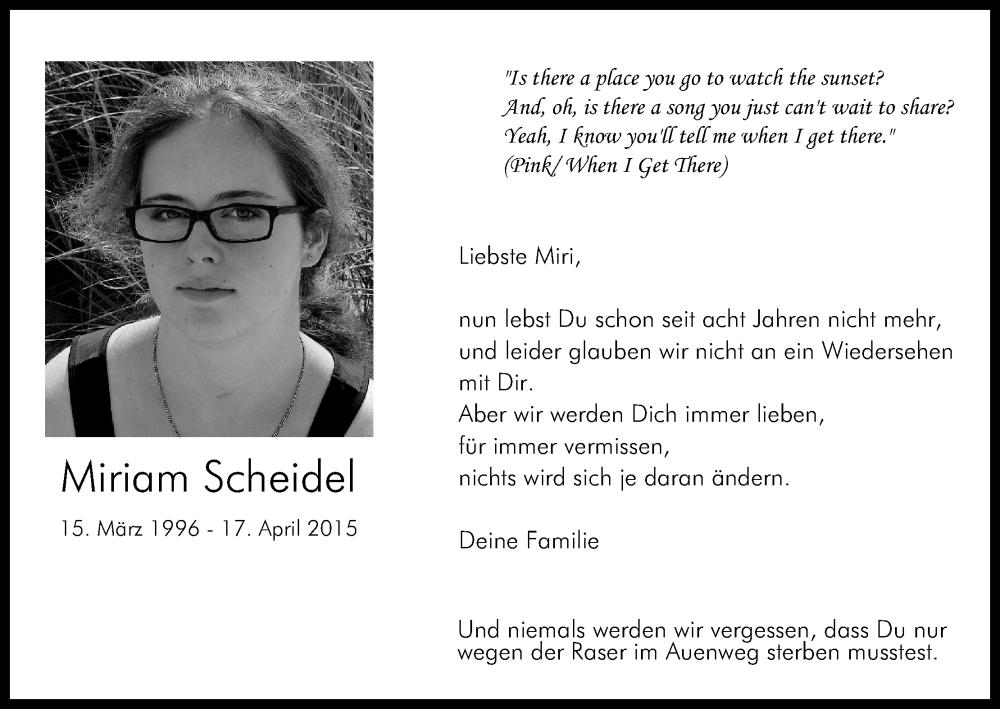  Traueranzeige für Miriam Scheidel vom 15.04.2023 aus Kölner Stadt-Anzeiger / Kölnische Rundschau / Express