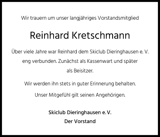 Anzeige von Reinhard Kretschmann von Kölner Stadt-Anzeiger / Kölnische Rundschau / Express