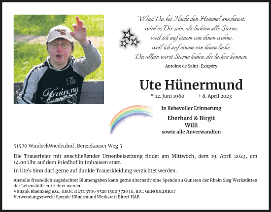 Anzeige von Ute Hünermund von Kölner Stadt-Anzeiger / Kölnische Rundschau / Express