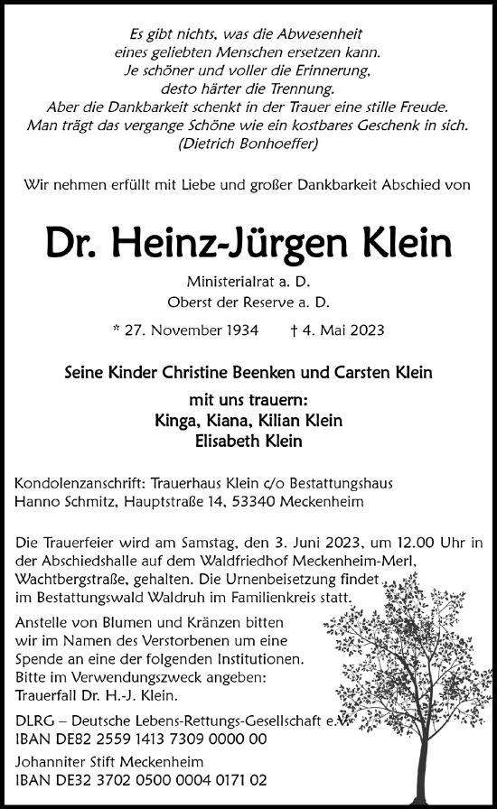 Anzeige von Heinz-Jürgen Klein von  Schaufenster/Blickpunkt 