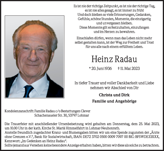 Anzeige von Heinz Radau von Kölner Stadt-Anzeiger / Kölnische Rundschau / Express