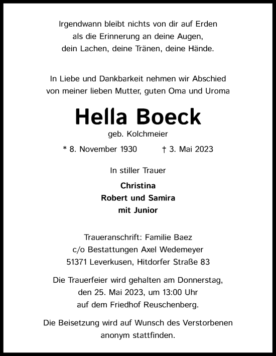 Anzeige von Hella Boeck von Kölner Stadt-Anzeiger / Kölnische Rundschau / Express