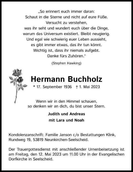 Anzeige von Hermann Buchholz von Kölner Stadt-Anzeiger / Kölnische Rundschau / Express