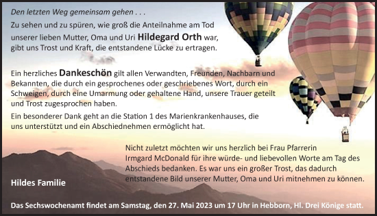Anzeige von Hildegard Orth von  Bergisches Handelsblatt 