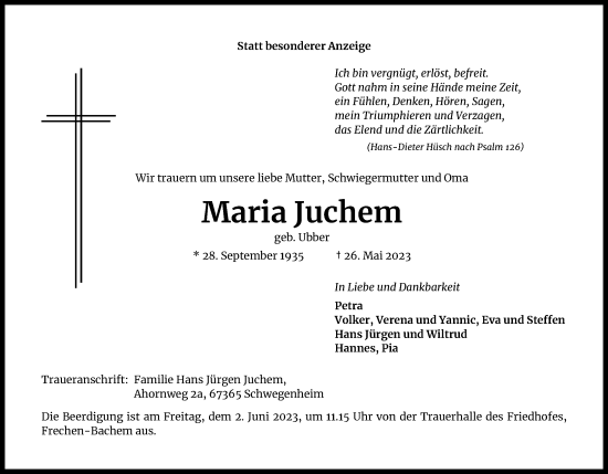 Anzeige von Maria Juchem von Kölner Stadt-Anzeiger / Kölnische Rundschau / Express