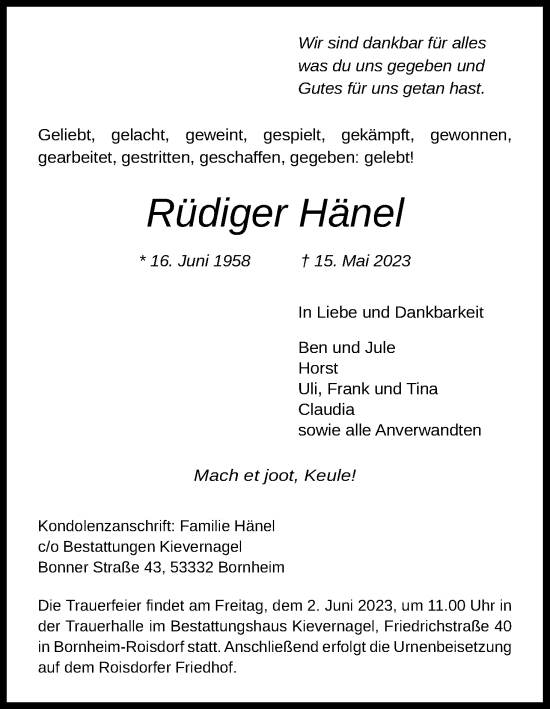 Anzeige von Rüdiger Hänel von Kölner Stadt-Anzeiger / Kölnische Rundschau / Express