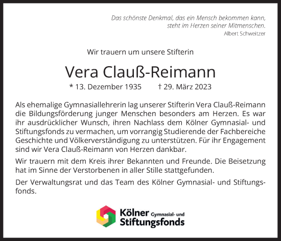 Anzeige von Vera Clauß-Reimann von Kölner Stadt-Anzeiger / Kölnische Rundschau / Express