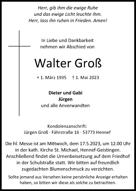 Anzeige von Walter Groß von Kölner Stadt-Anzeiger / Kölnische Rundschau / Express