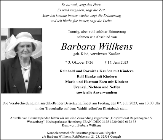 Anzeige von Barbara Willkens von  Schaufenster/Blickpunkt 