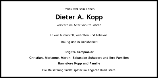 Anzeige von Dieter A. Kopp von Kölner Stadt-Anzeiger / Kölnische Rundschau / Express