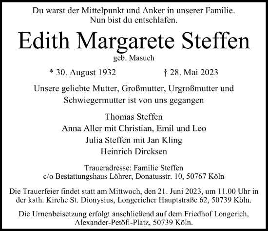 Anzeige von Edith Margarete Steffen von Kölner Stadt-Anzeiger / Kölnische Rundschau / Express