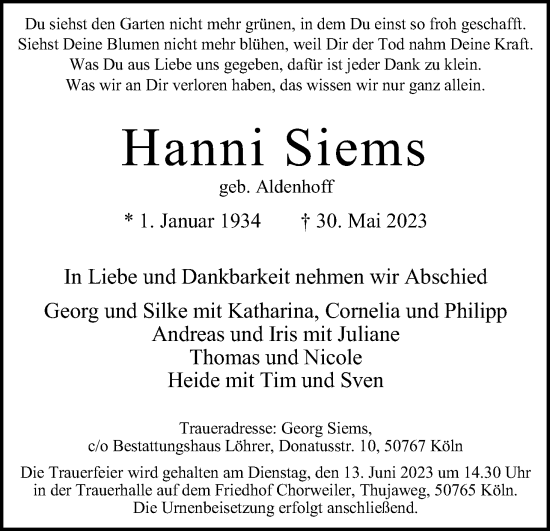 Anzeige von Hanni Siems von Kölner Stadt-Anzeiger / Kölnische Rundschau / Express