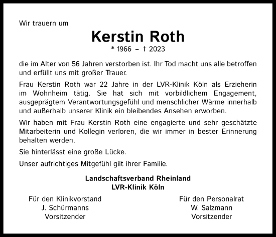Anzeige von Kerstin Roth von Kölner Stadt-Anzeiger / Kölnische Rundschau / Express