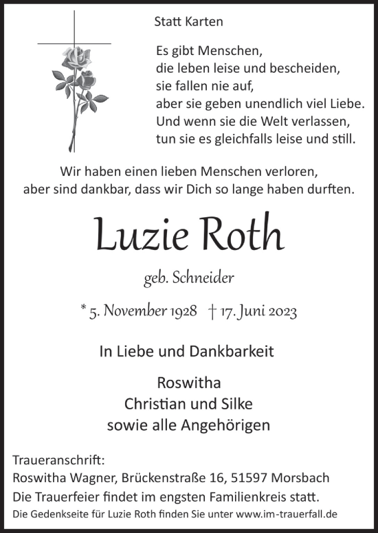 Anzeige von Luzie Roth von  Lokalanzeiger 